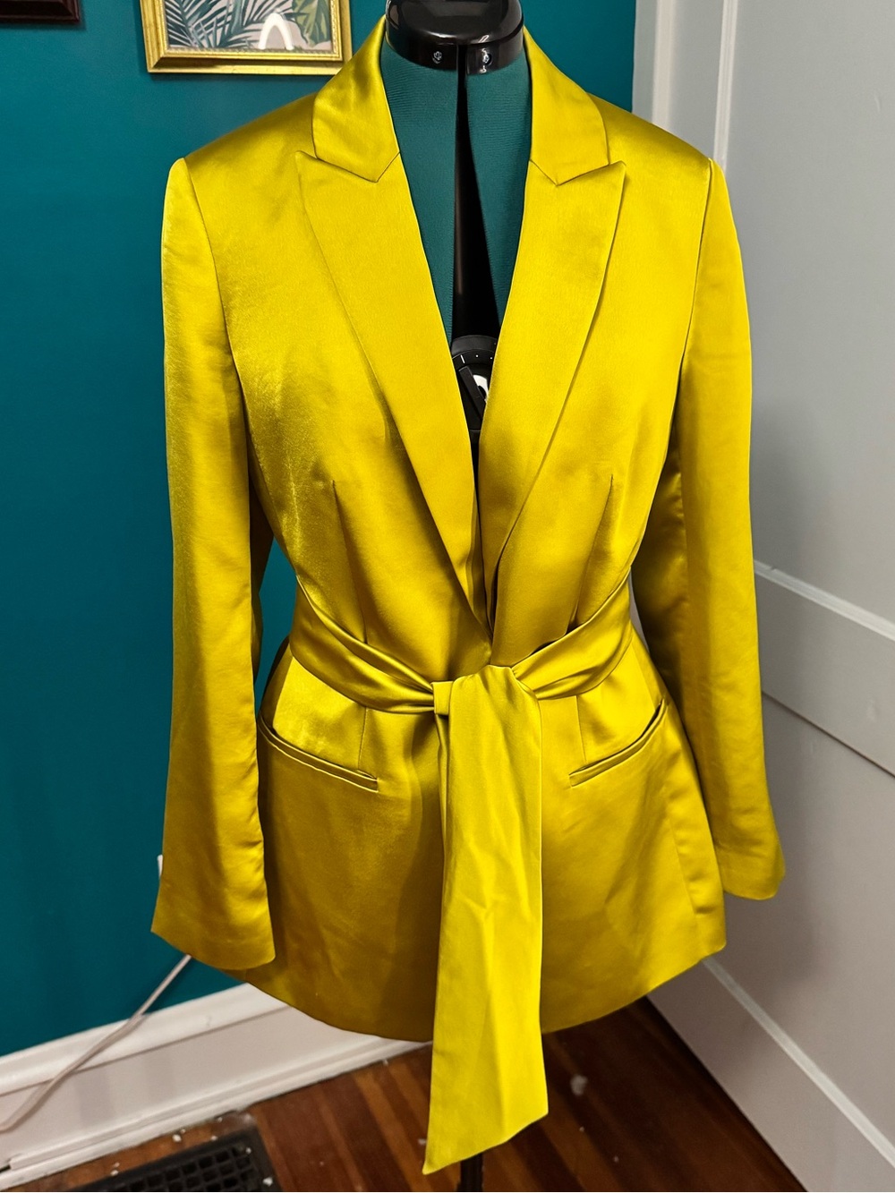 Express Satin Tie-Waist Blazer in Bright Chartreuse